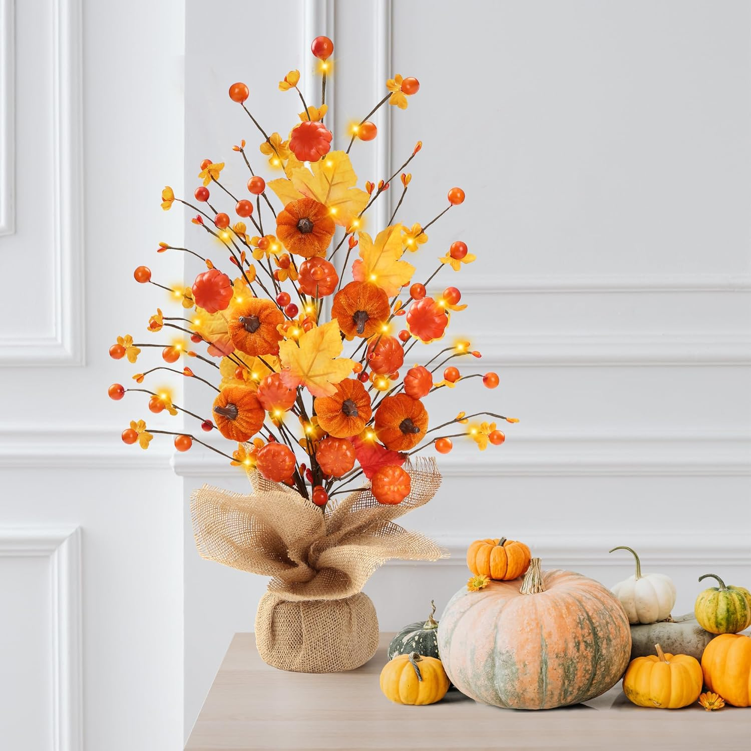 18’’ Fall Pumpkin Table Tree Autumn Decorations Artificial Maple Leaves Berries Faux Tree Decor with Burlap Base for Thanksgiving Harvest Home Holiday Decorations - Image 4