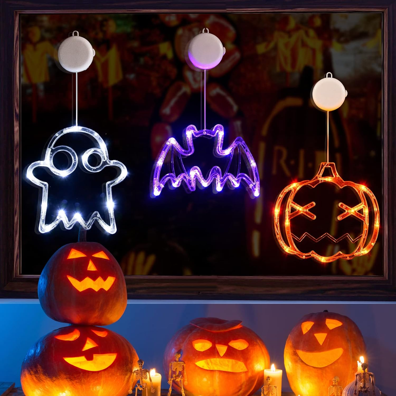 Halloween Lights Decorations 2025 3-Pack Orange Pumpkin White Ghost Purple Bat Window Lights with Suction Cups, Battery Operated Halloween LED Lights Window Decor Slow Fade Mode and Timer - Image 6