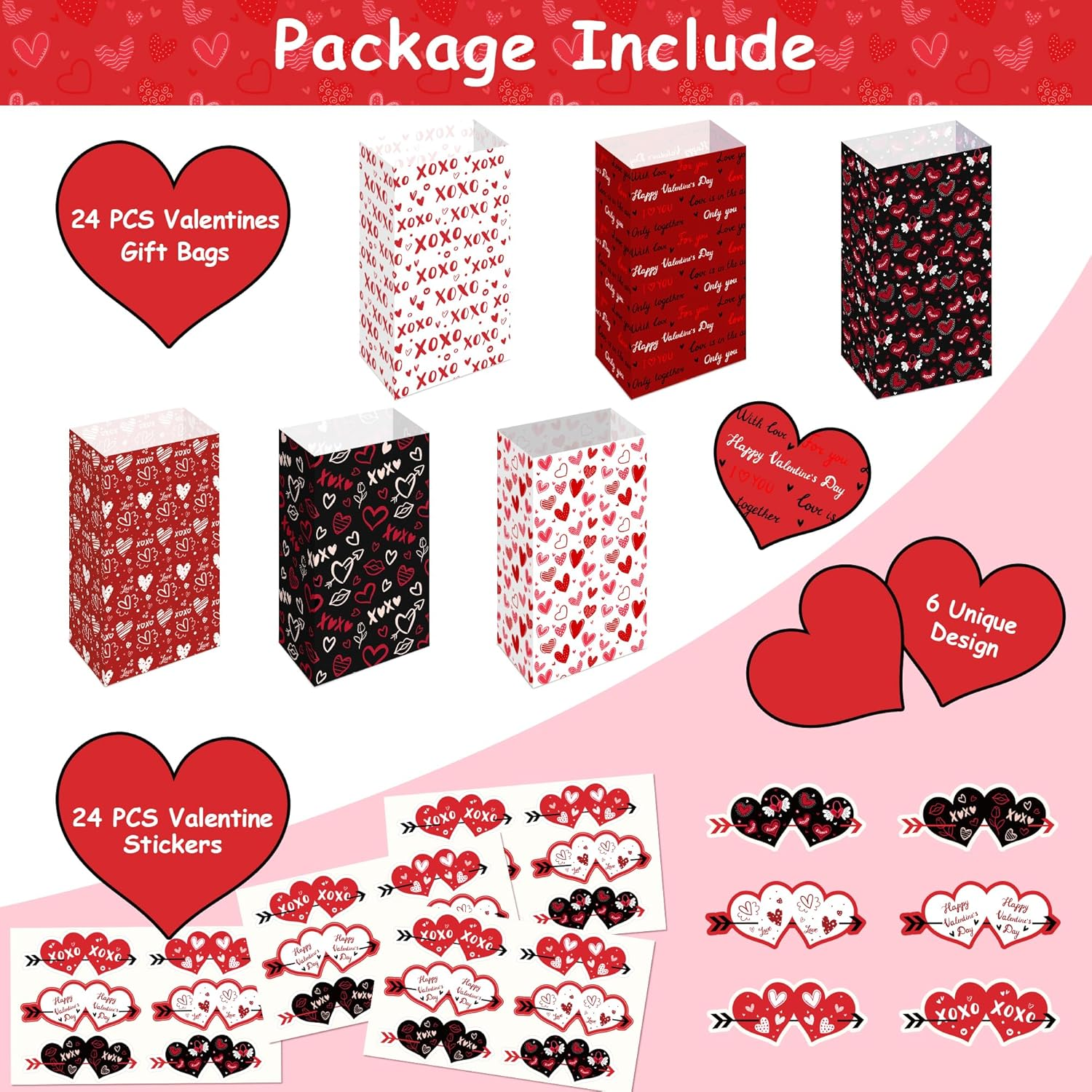 Valentines 24 PCS Gift Bags for Kids - School Valentines Day Treat Bags with Stickers - Decorations Party Favors - Image 2
