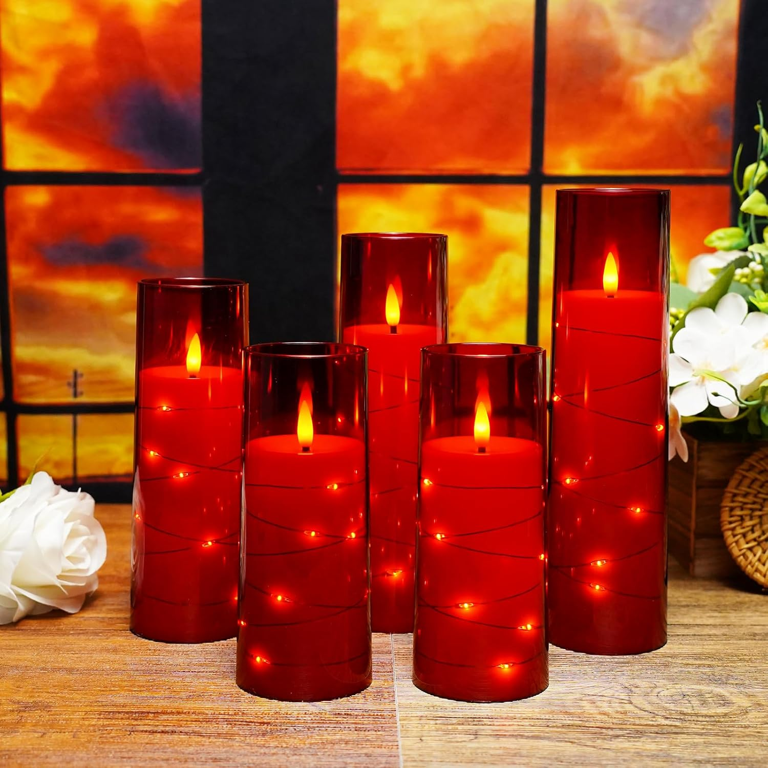 Flameless LED Candles with Timer 5 Pc Flickering Flameless Candles for Romantic Ambiance and Home Decoration Stable Acrylic Shell,With Embedded Star String,Battery Operated Candles(Red) - Image 6