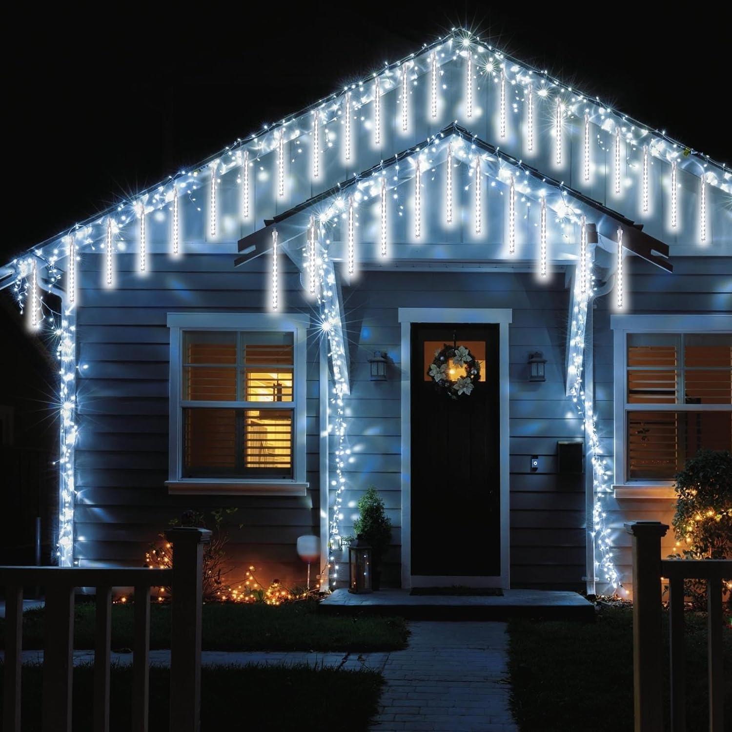 2 Pack Christmas Lights Outdoor, Expandable Meteor Shower Lights with Timer, Waterproof Falling Rain Light with 16 Tubes 384 LED Plug In, Suitable for Garden House Xmas Tree Decorations (Cool White) - Image 4