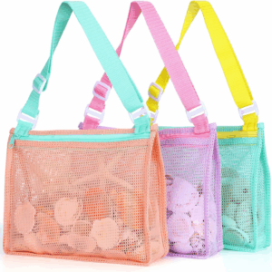Beach Toy Mesh Beach Bag Kids Shell Collecting Bag Beach Sand Toy Shells Beach Toys Swimming Accessories for Boys and Girls(Only Bags,A Set of 3)