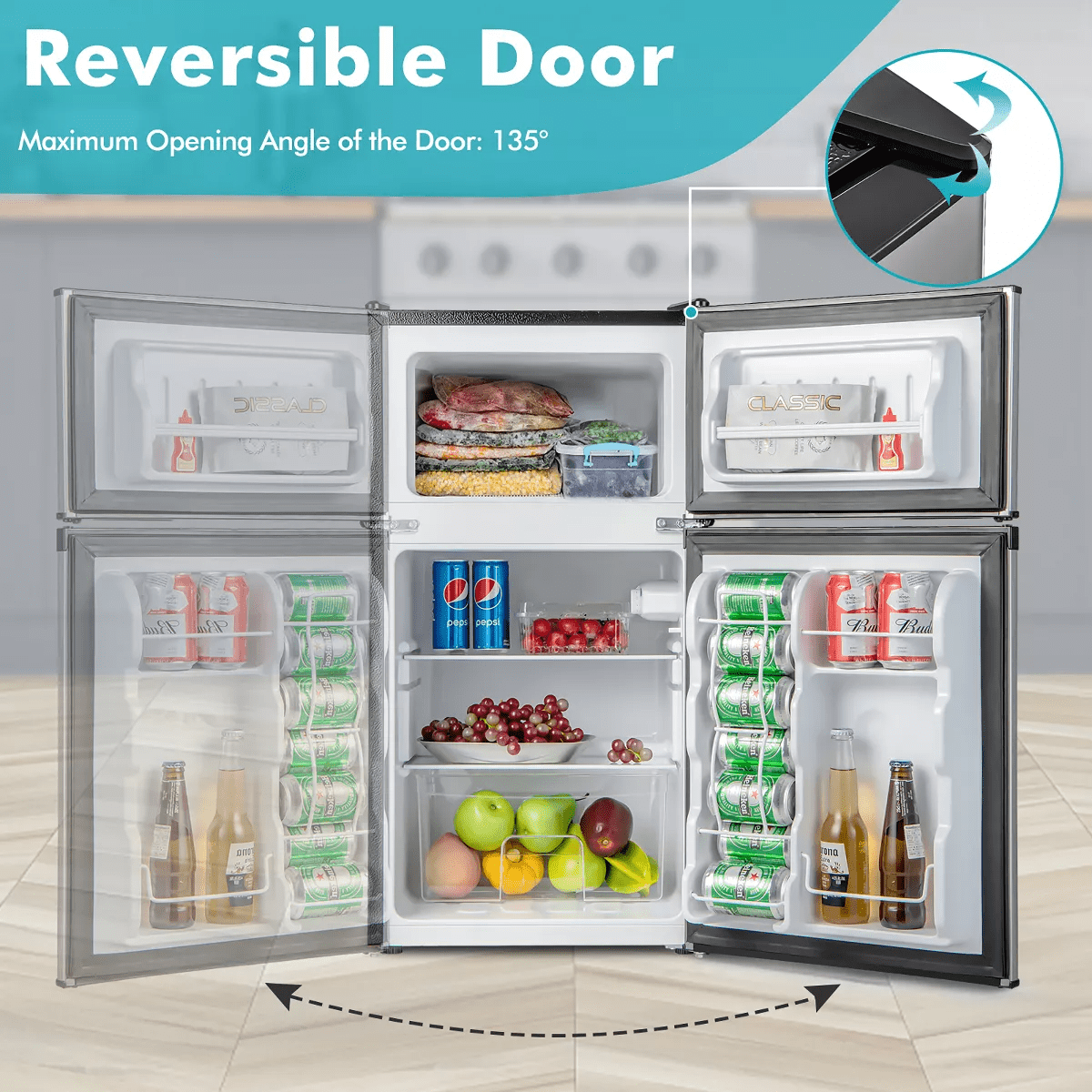 Costway 3.2 Cu.Ft Mini Refrigerator with Freezer Compact Fridge with 2 Reversible Door - Image 6