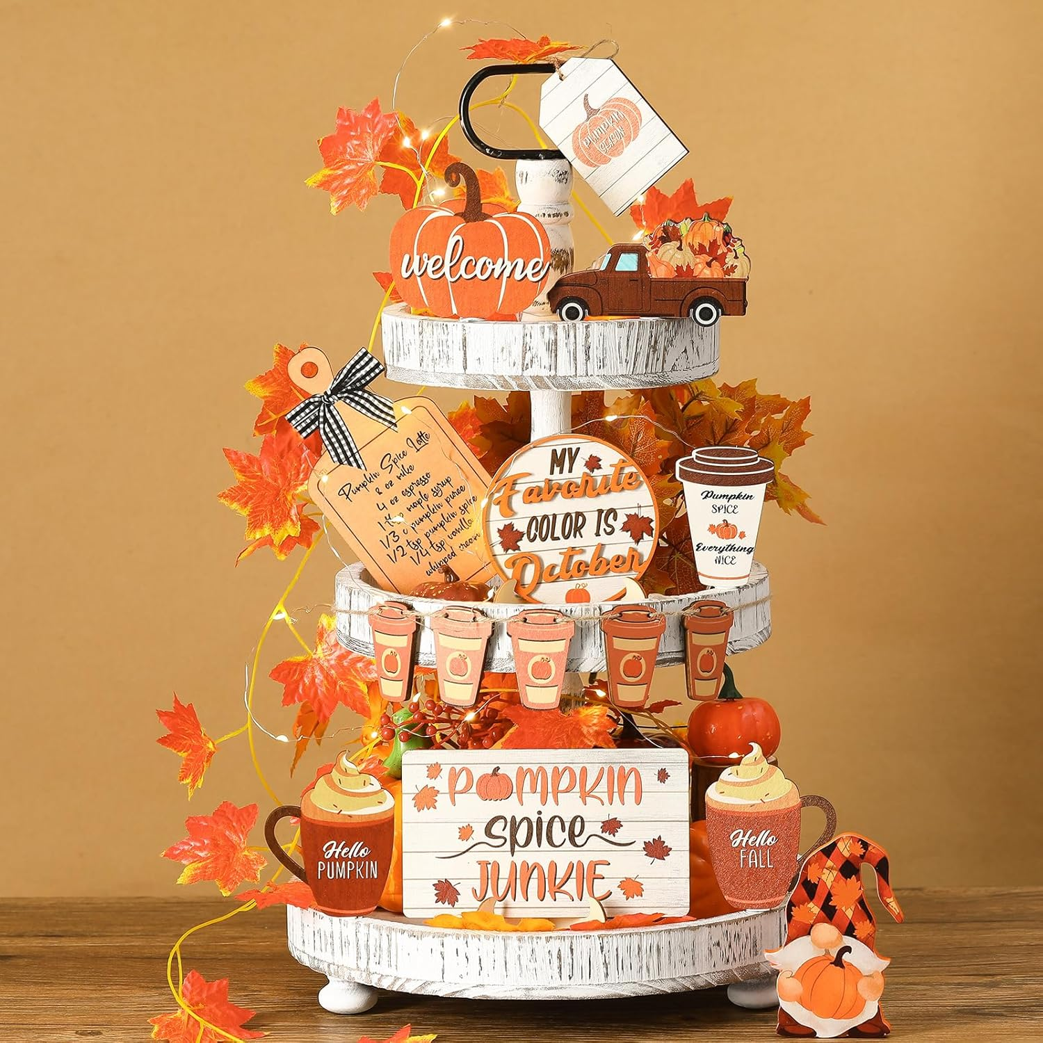 15 Pcs Thanksgiving Tiered Tray Decor Set Fall Thanksgiving Pumpkin Table Decor Drinking Coffee Rustic Farmhouse Pumpkin Truck Spice Blocks Autumn Wooden Sign Home Decorations