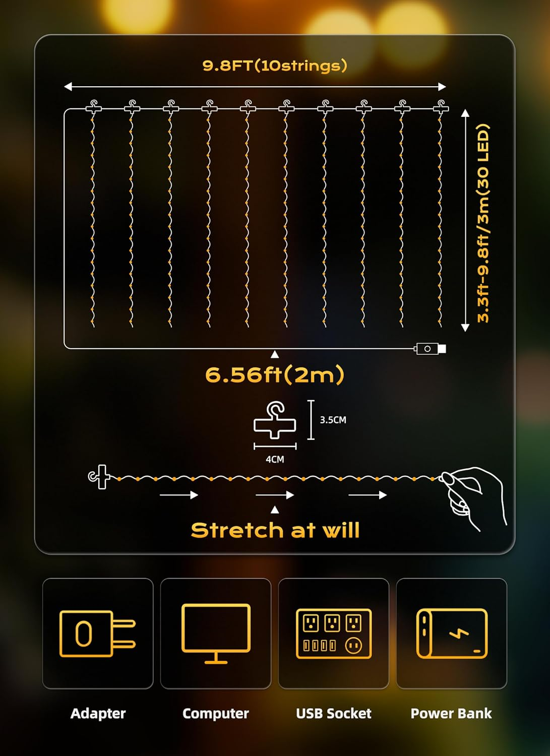 300 LED Fairy Curtain Lights, 9.8Ft X 9.8Ft Warm White Curtain String Lights, USB Plug in 8 Lighting Modes Christmas Decoration, Hanging Lights with Remote for Bedroom Indoor Weddings Dorm - Image 2