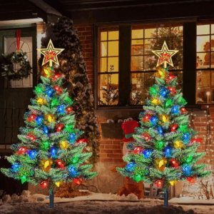 Upgraded Set of 2 Solar Christmas Tree, Outdoor Christmas Decorations,Prelit Xmas Tree W/ 100 LED Multi-Color C6 String Lights for Outsdie Holiday Display Yard Front Porch Pathway Grave Cemetery Decor
