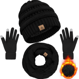 Winter Beanie Hat Scarf Gloves, Warm Fleece Knit Hats Touch Screen Gloves Neck Scarf Set Winter Gifts for Unisex Adult
