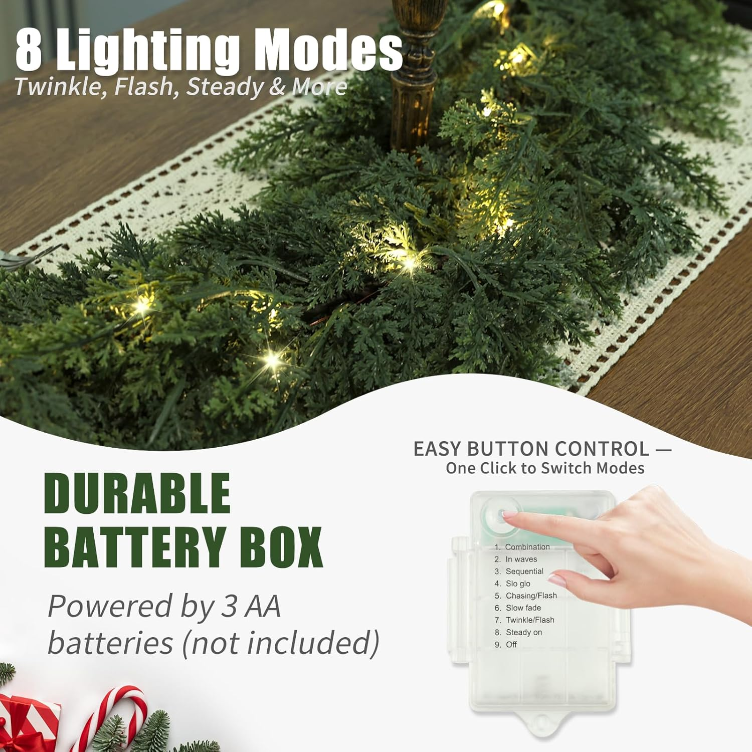 Realistic Christmas Garland with Lights-8 Lighting Modes 6FT Real Touch Lush Artificial Prelit Cedar Garlands for Stairs Railing Fireplace Table Xmas Christmas Decorations Indoor Outdoor Holiday Decor - Image 9