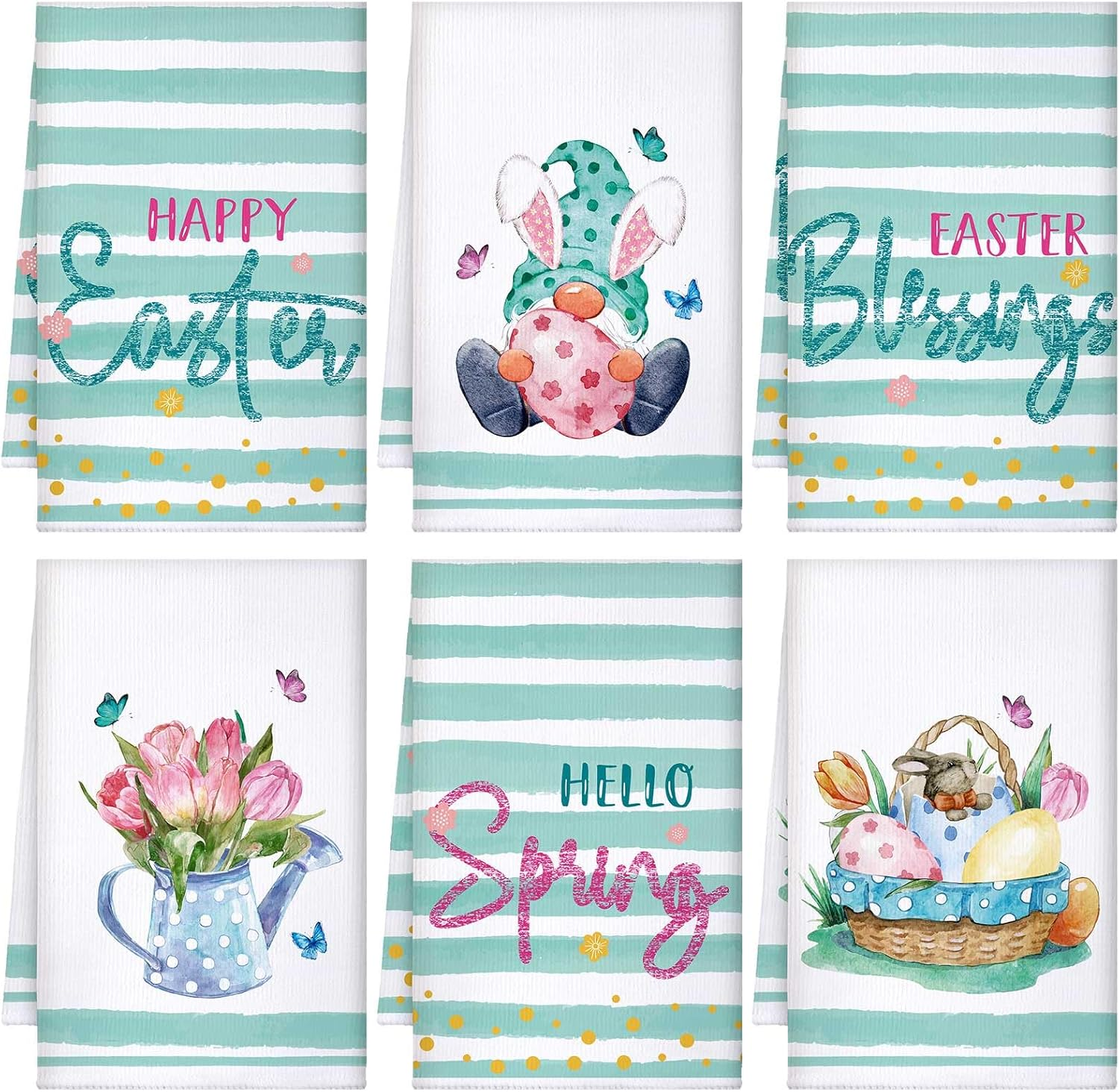 6 Pcs Easter Kitchen Towels Bunny Gnome Floral Hello Spring Dish Towels Easter Tea Towels Easter Kitchen Decor Spring Flowers Blessings Dishcloths for Bathroom Home Housewarming Decorations