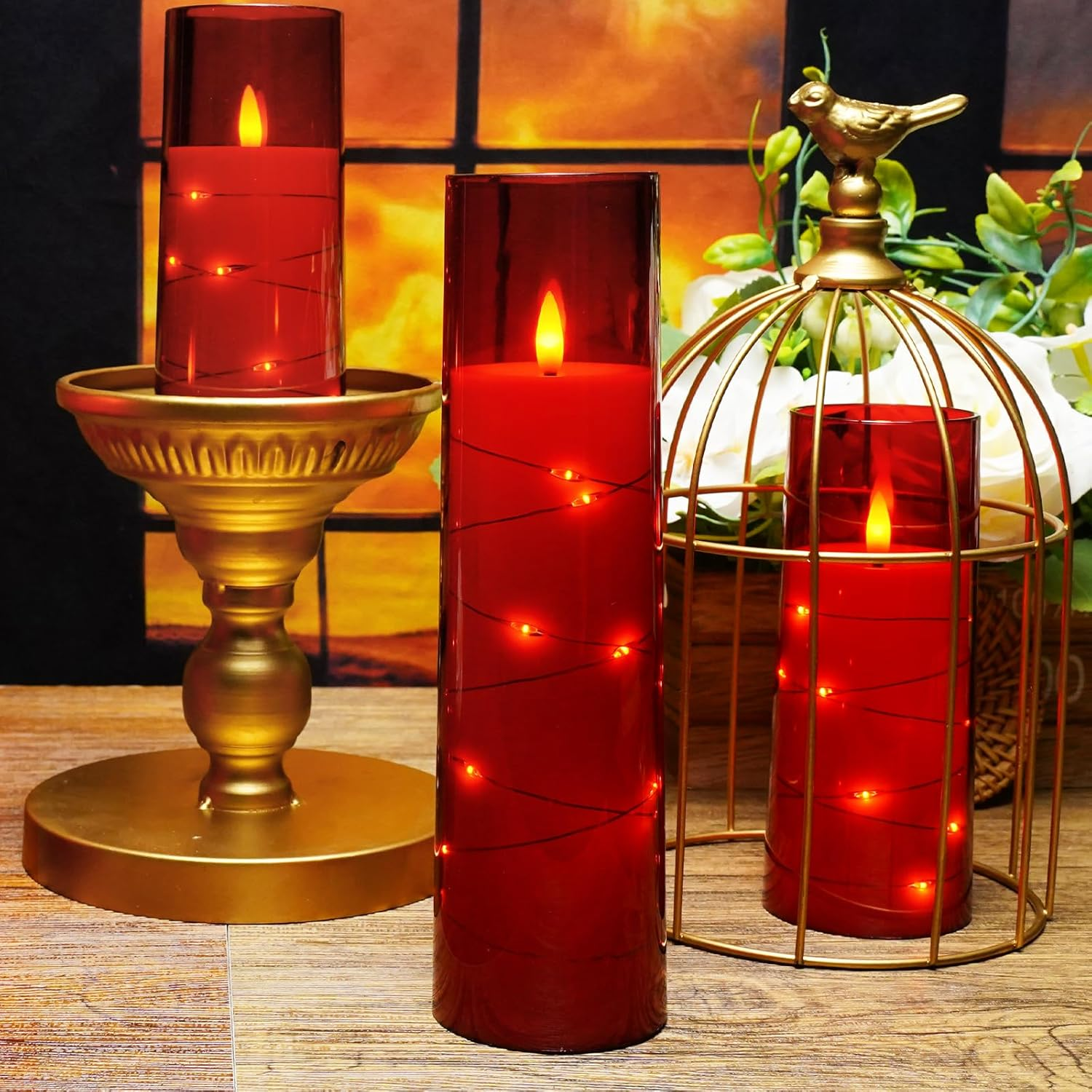 Flameless LED Candles with Timer 5 Pc Flickering Flameless Candles for Romantic Ambiance and Home Decoration Stable Acrylic Shell,With Embedded Star String,Battery Operated Candles(Red) - Image 4