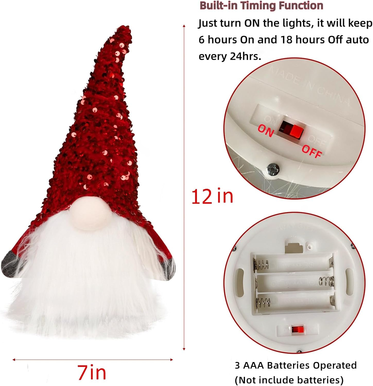 12" Lighted Christmas Gnome, Handmade Sequins Hat Scandinavian Swedish Tomte, Light up Plush Elf Toy Holiday Present, Battery Operated Winter Tabletop Christmas Decorations, 2 Set - Image 3