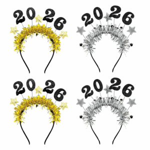 4 Pcs Happy New Year Headbands for Women 2026 New Year Eve Hairbands Party Supplies Holiday Headwear Decoration Gifts (Gold+Silver)