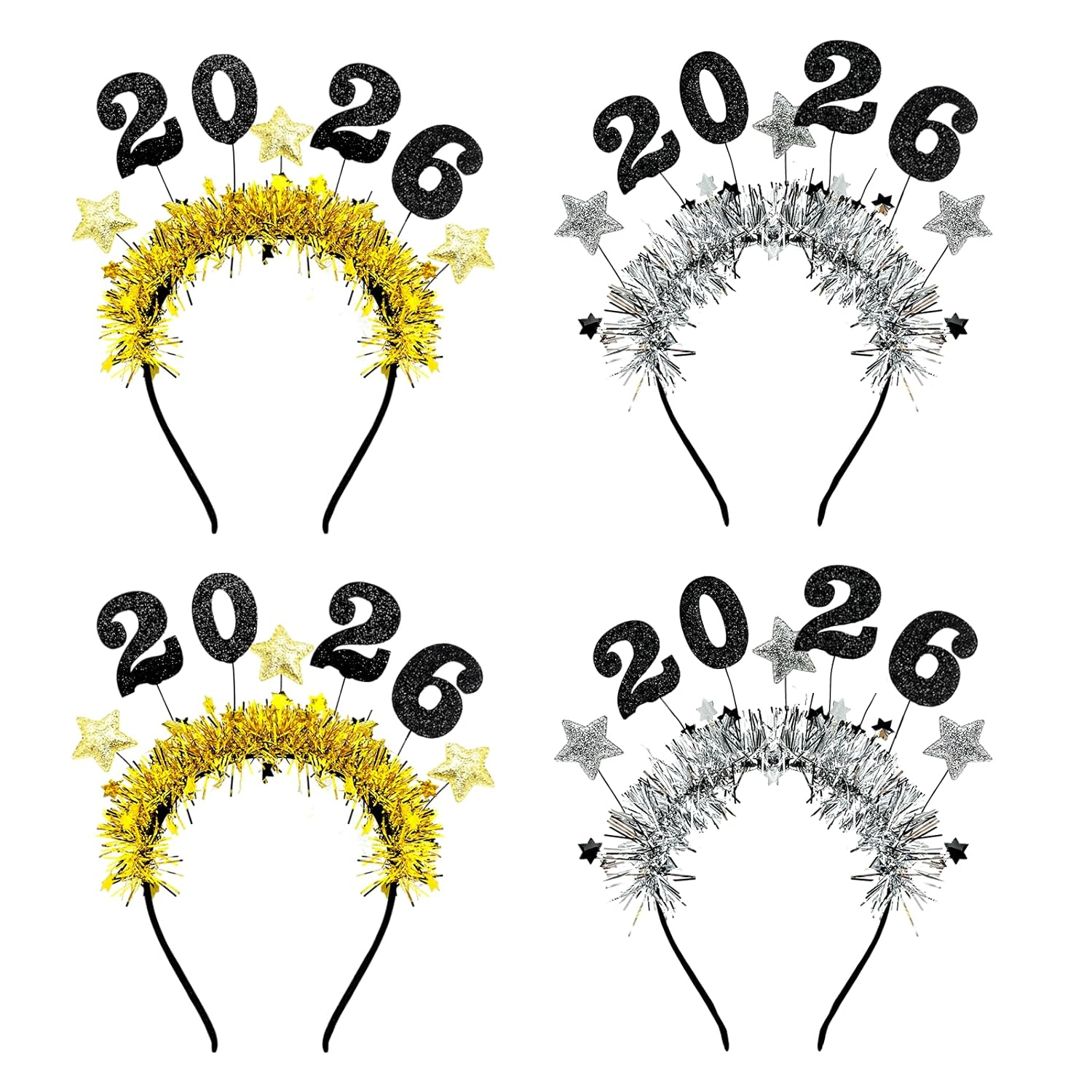 4 Pcs Happy New Year Headbands for Women 2026 New Year Eve Hairbands Party Supplies Holiday Headwear Decoration Gifts (Gold+Silver)
