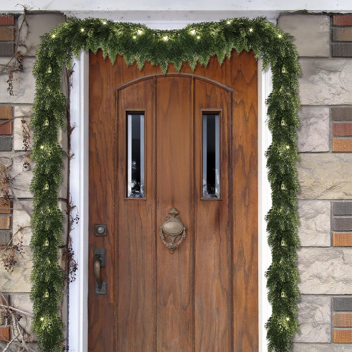 Realistic Christmas Garland with Lights-8 Lighting Modes 6FT Real Touch Lush Artificial Prelit Cedar Garlands for Stairs Railing Fireplace Table Xmas Christmas Decorations Indoor Outdoor Holiday Decor - Image 4