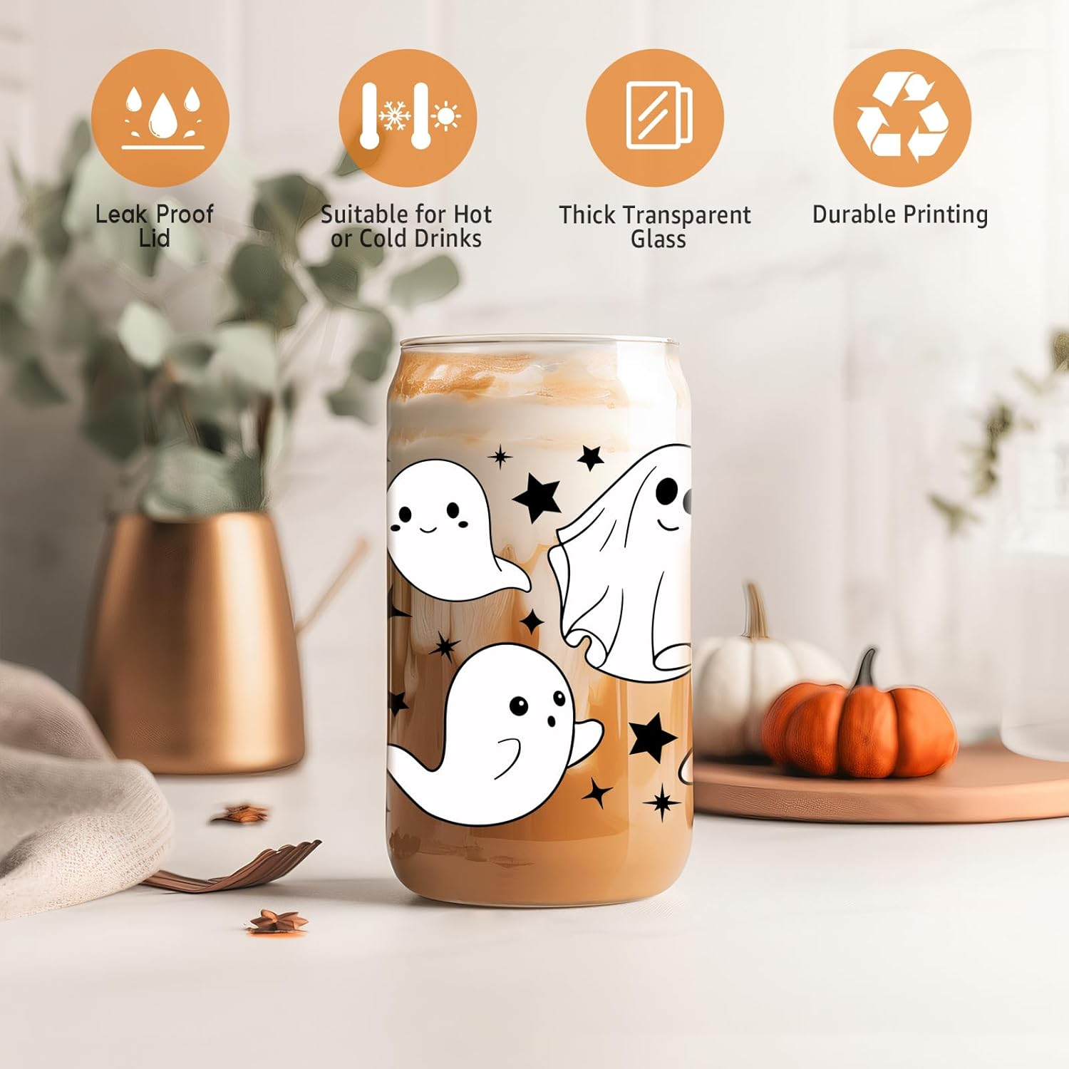 Ghost Halloween Cup, 16 Oz Tumbler Glass Cups W/Lids Straws - Spooky Iced Coffee Mug for Smoothie, Cute Halloween Gifts for Women, Girls - Boo Basket Stuffers, Spooky Gifts for Teens, Her - Image 4