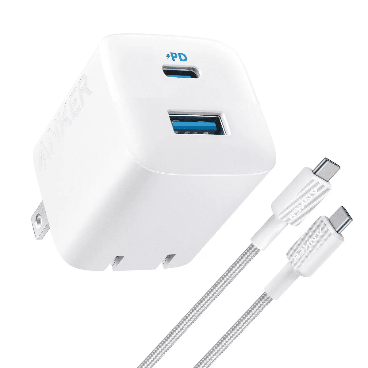 Anker 2 Port 33W Wall Charger with 6' USB-C to USB-C Cable - White: Quick Charge, 9V Output