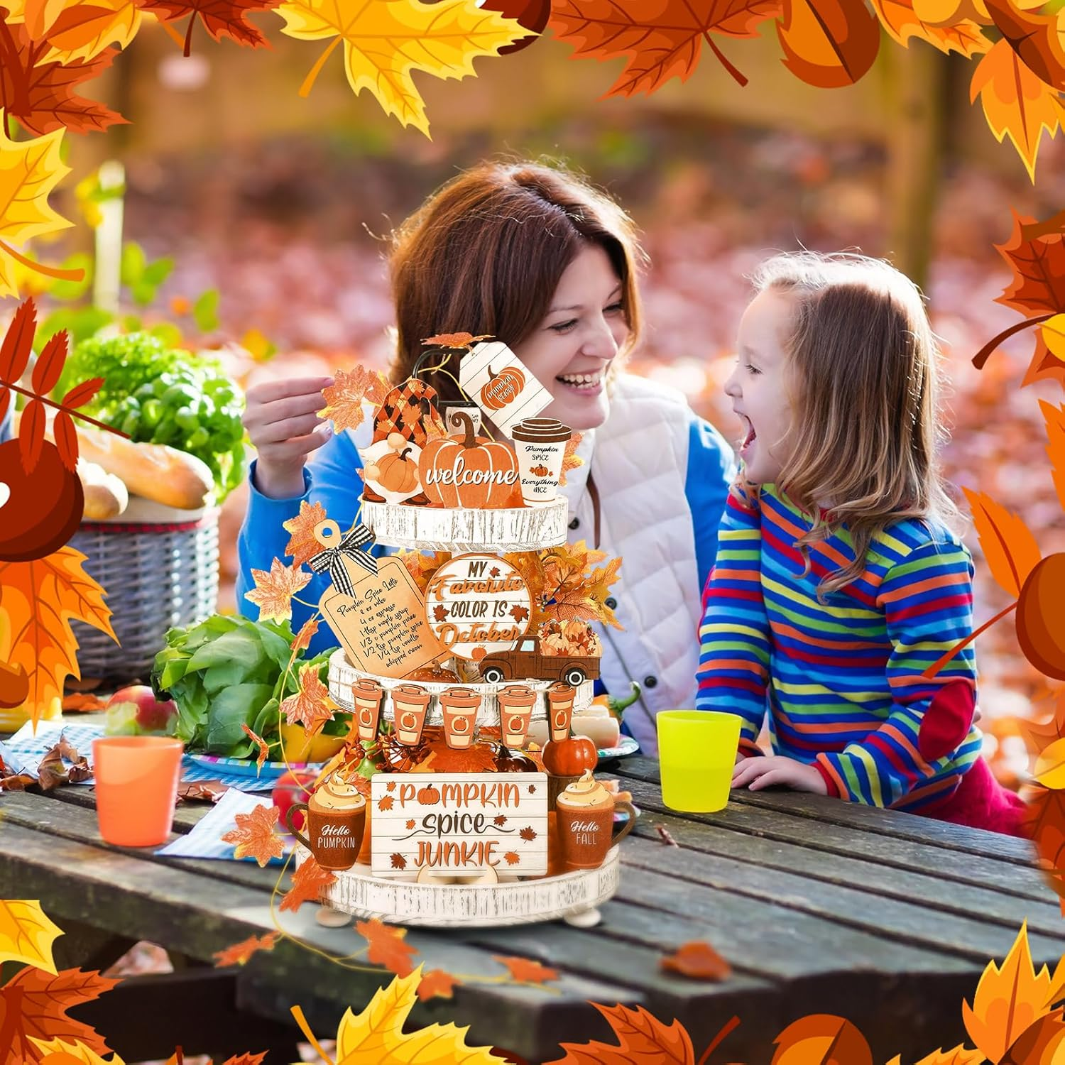 15 Pcs Thanksgiving Tiered Tray Decor Set Fall Thanksgiving Pumpkin Table Decor Drinking Coffee Rustic Farmhouse Pumpkin Truck Spice Blocks Autumn Wooden Sign Home Decorations - Image 5