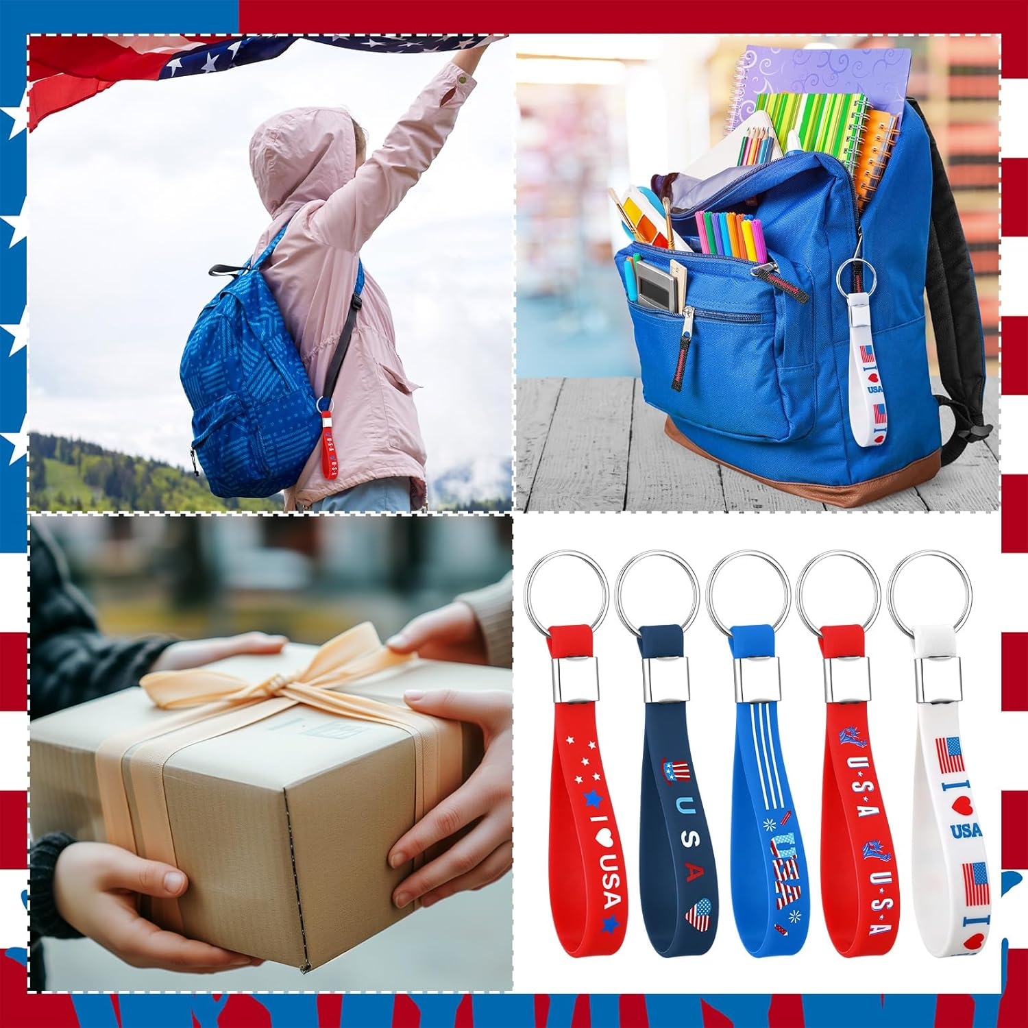 100 Pcs Patriotic Party Favors Bulk Red White and Blue Rubber Keychains USA American Flag Silicone Keychains for Memorial Day Party Accessories Gifts - Image 6