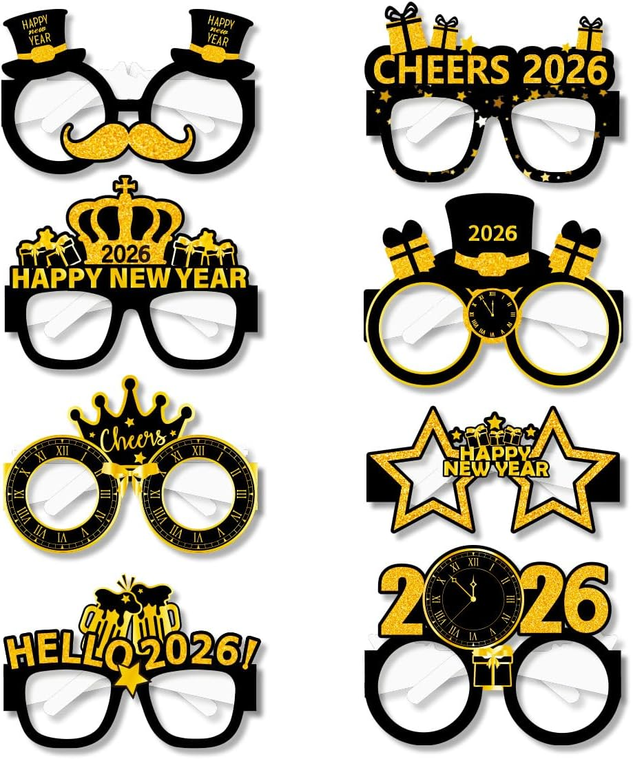 16 Pcs 2026 Happy New Year Glasses Frame Party Fun Photo Props Paper Glasses Frame New Year Gift Ball Selfie Supplies Decoration