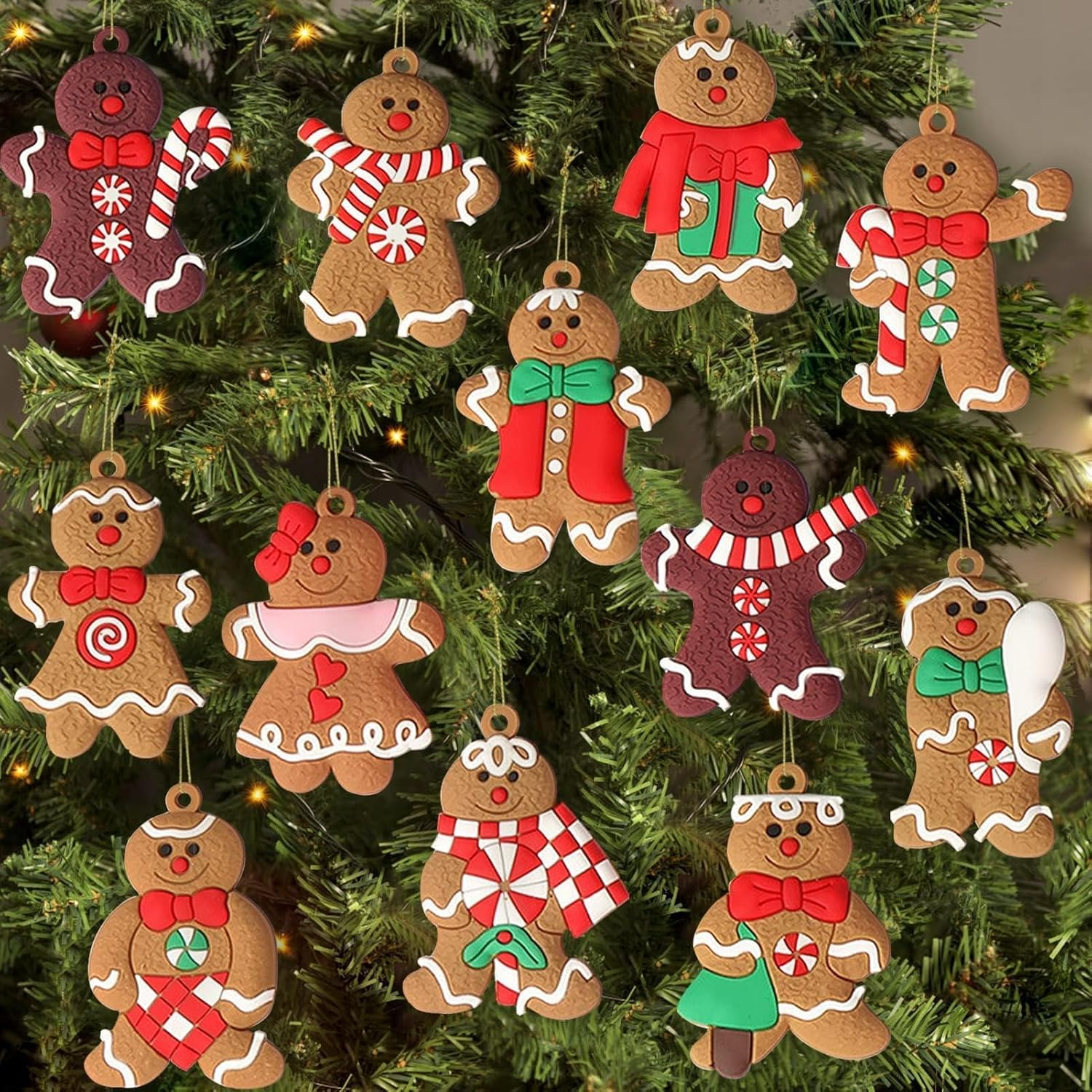 12Pcs Gingerbread Man Ornaments for Christmas Tree, Assorted Gingerbread Figurines Ornaments, Christmas Tree Hanging Decorations, 3 Inch Tall