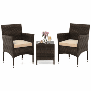 Tangkula 3 Pieces Patio Rattan Furniture Set Outdoor Conversation Set with PE Wicker Armchairs Tempered Glass Top Coffee Table