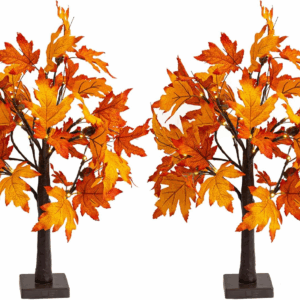 2 Pack 24 Inch Lighted Thanksgiving Fall Maple Tree Decor, 24 LED Battery Operated Decorations Artificial Tree with Timer for Indoor Home Room Holiday Xmas Party
