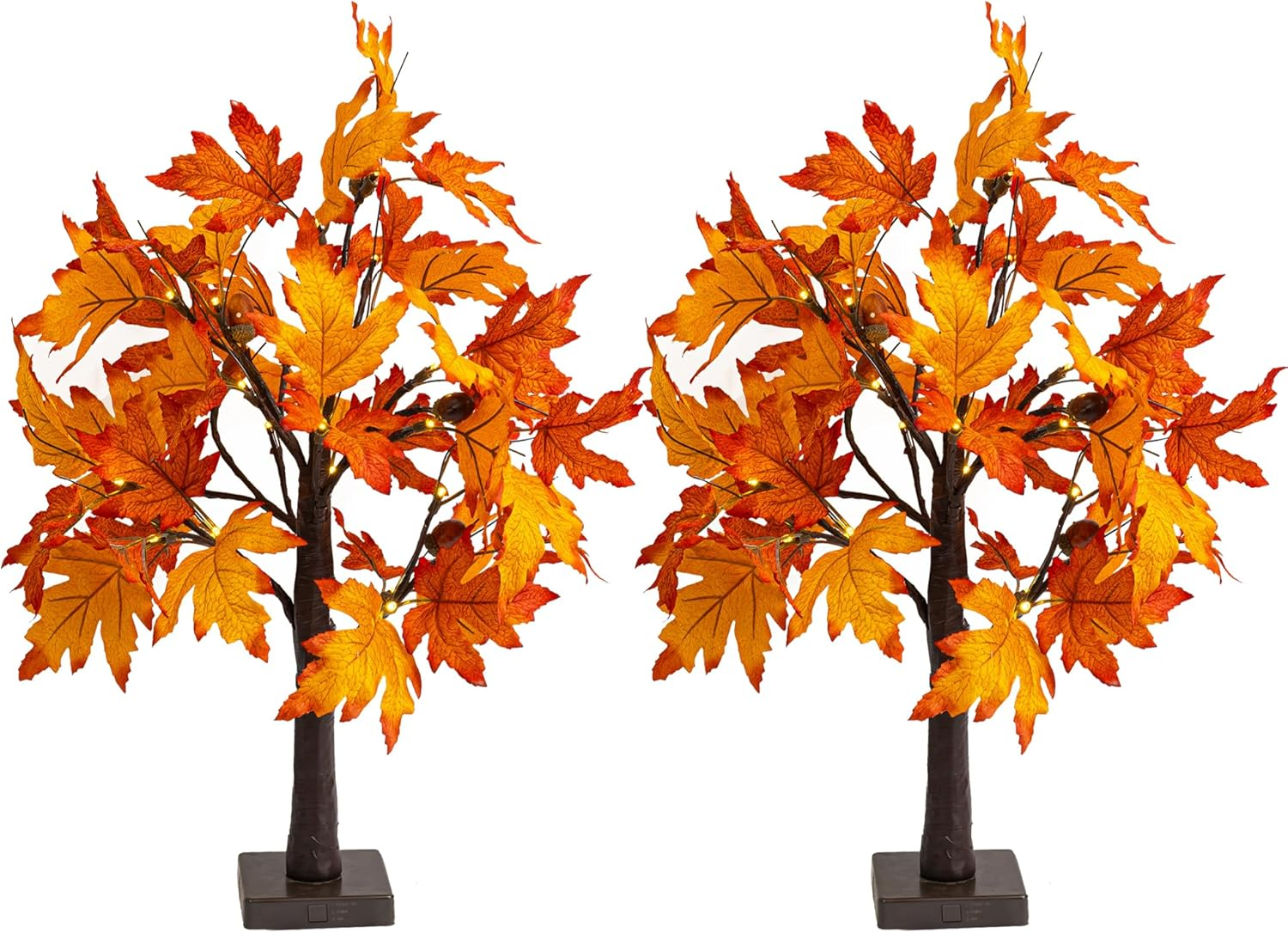 2 Pack 24 Inch Lighted Thanksgiving Fall Maple Tree Decor, 24 LED Battery Operated Decorations Artificial Tree with Timer for Indoor Home Room Holiday Xmas Party