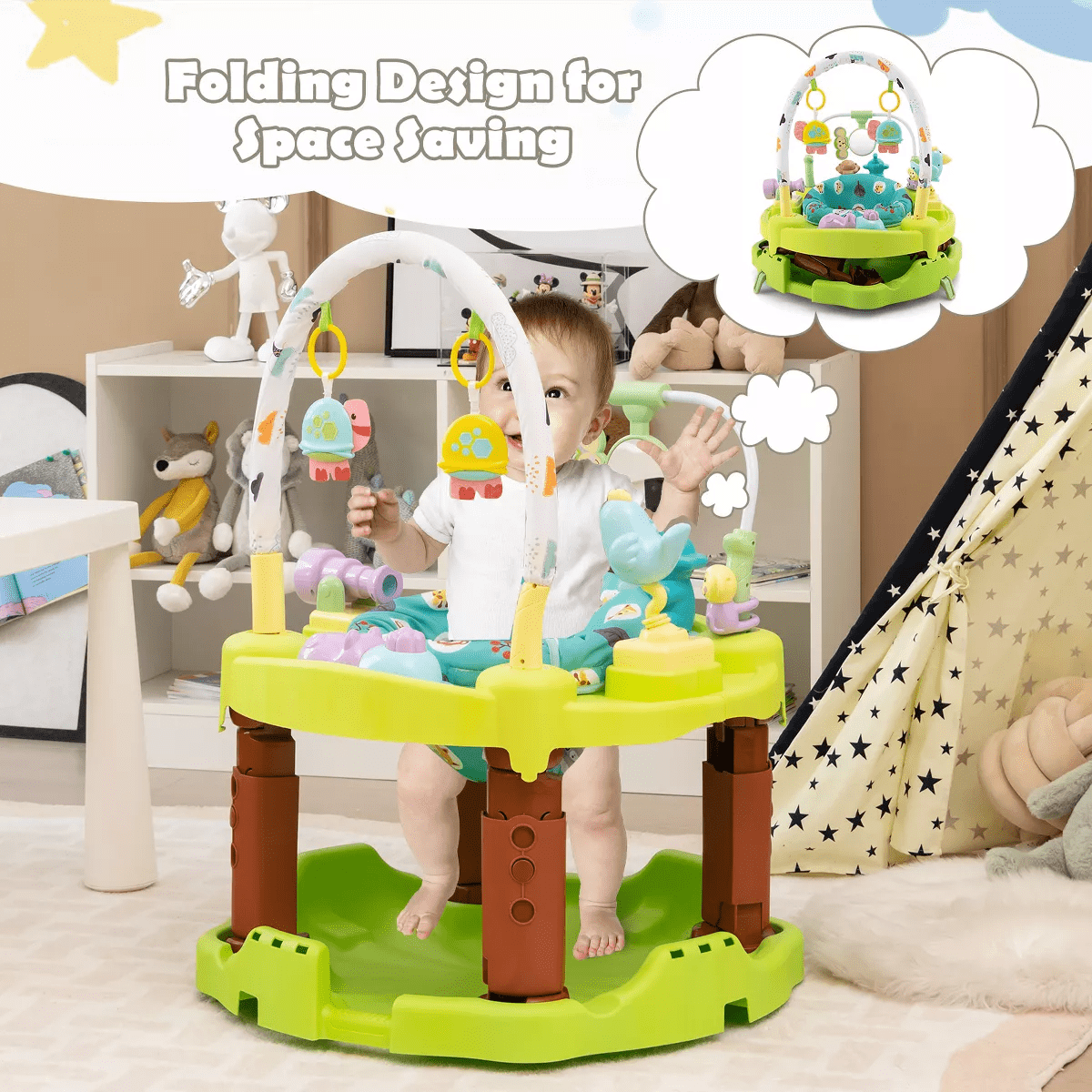 Infans Baby Activity Center, 3-Stage Bouncing Activity Saucer & Playtime Mat & Activity Table, 3 Adjustable Heights for Infants & Toddlers, Green - Image 3