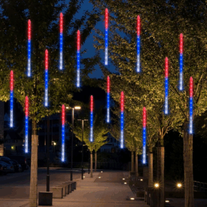 4Th of July Lights Decorations, 288LED Red Blue and White Meteor Shower Rain Lights 12Inch 8 Tubes, Waterproof Plug in Falling Rain Light Independence Day for Outdoor Yard