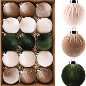 Christmas Tree Ornaments Velvet Balls - Pack of 15Pcs Shatterproof Xmas Bulbs Decorations Set - Multicolor Green Brown Neutral, 80Mm 3.15 Inch