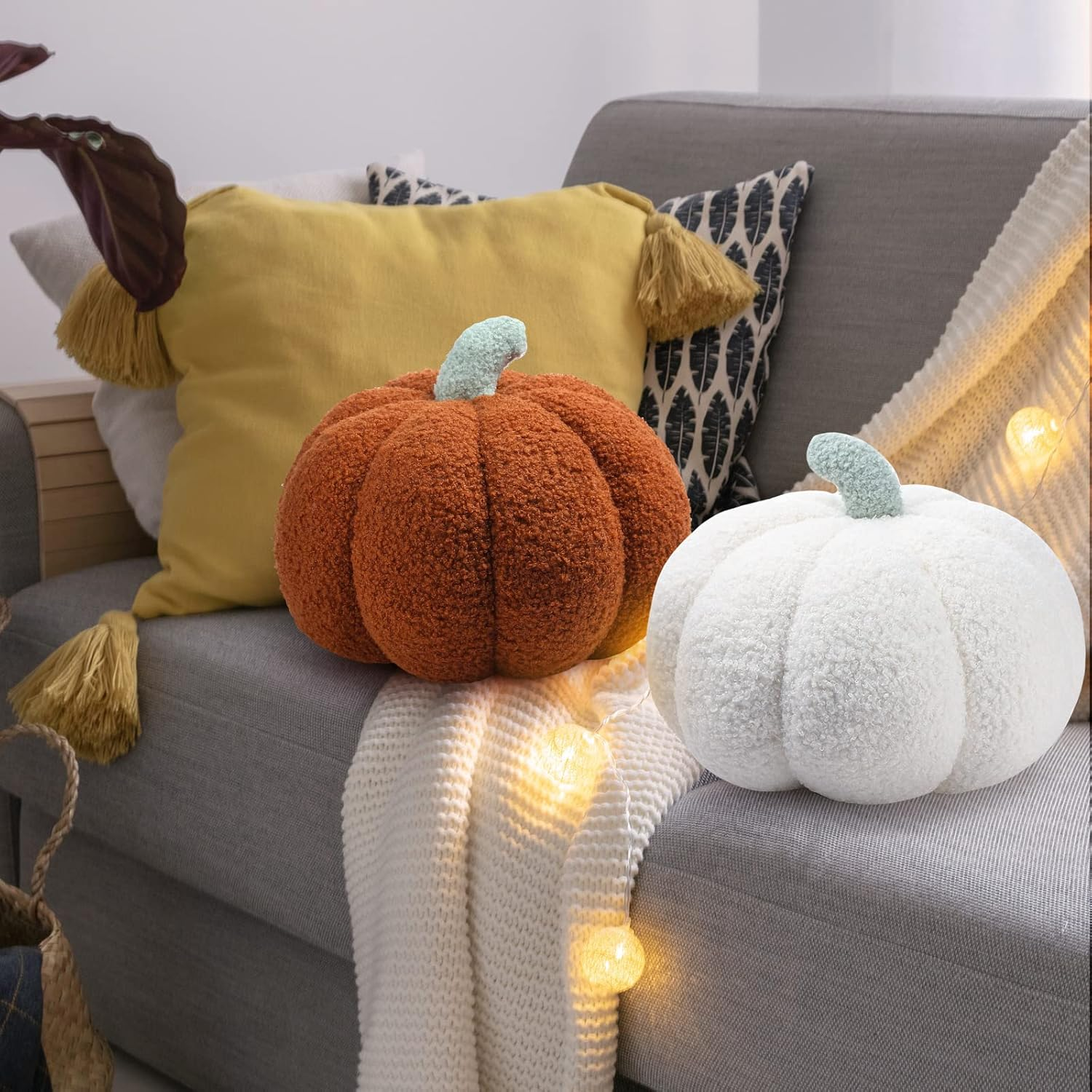 2 Pcs Simulated Pumpkin Pillow Plush 11 X 9.5 Inch 3D Cushion Fall Decorations Stuffed Throw Pillows Toy for Thanksgiving Christmas Halloween Bedroom Sofa Couch Supplies (White,Brown) - Image 6