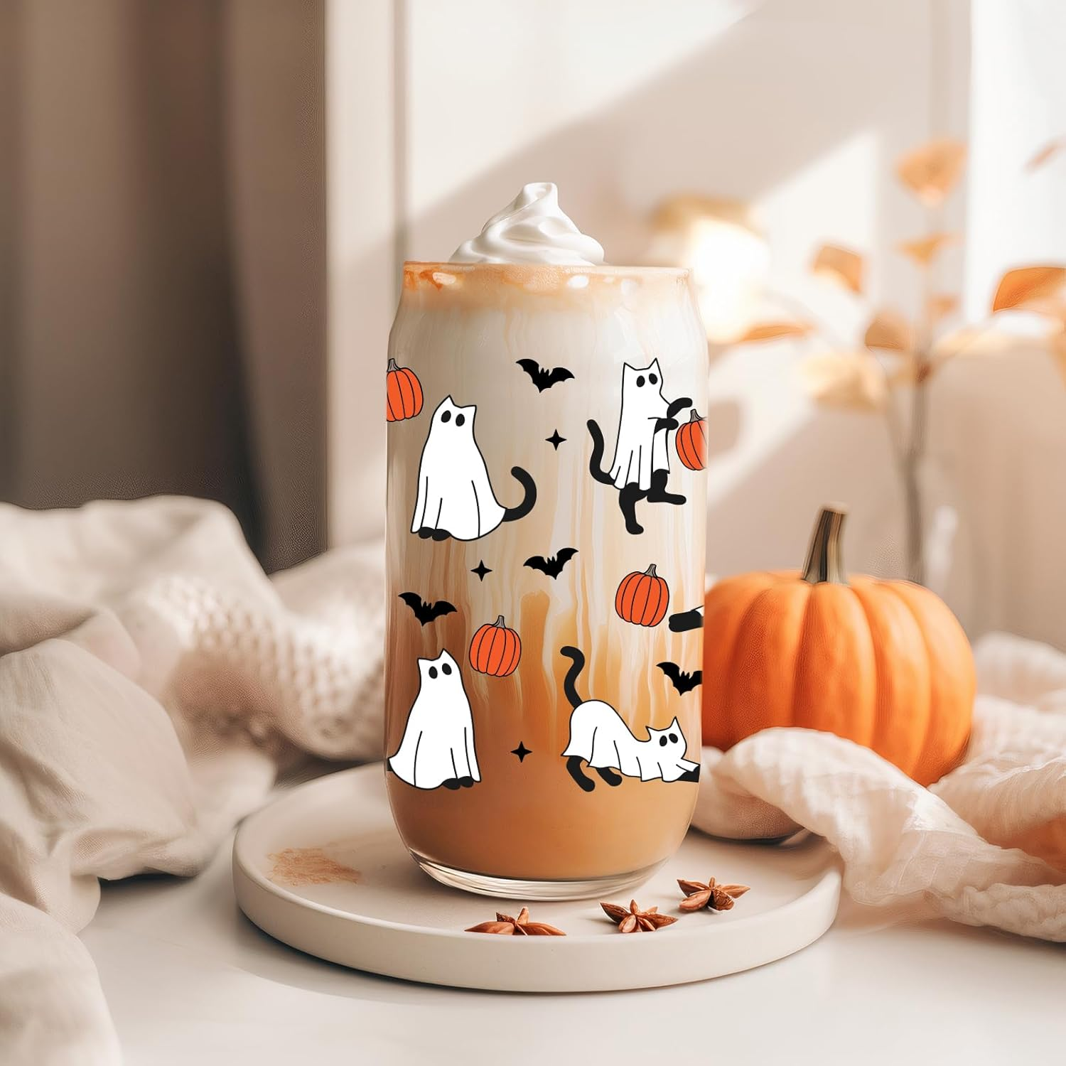 Halloween Ghost Cat Iced Coffee Cup, Halloween Cat Pumpkin Glass Tumbler, 16 Oz Spooky Coffee Glass Cup with Lid Straw, Boo Basket Stuffers, Spooky Gifts for Feline Lover, Women, Teen - Image 5