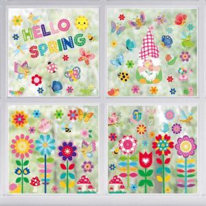 Spring Window Clings - 9 Sheets 112 Pcs Hello Spring Window Clings Colorful Flower Gnome Windows Decal Stickers Decor for Glass Windows Classroom Home Office