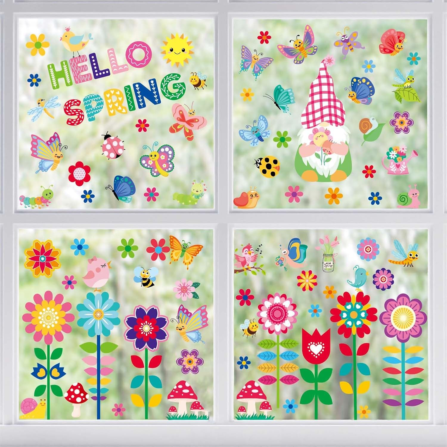 Spring Window Clings - 9 Sheets 112 Pcs Hello Spring Window Clings Colorful Flower Gnome Windows Decal Stickers Decor for Glass Windows Classroom Home Office