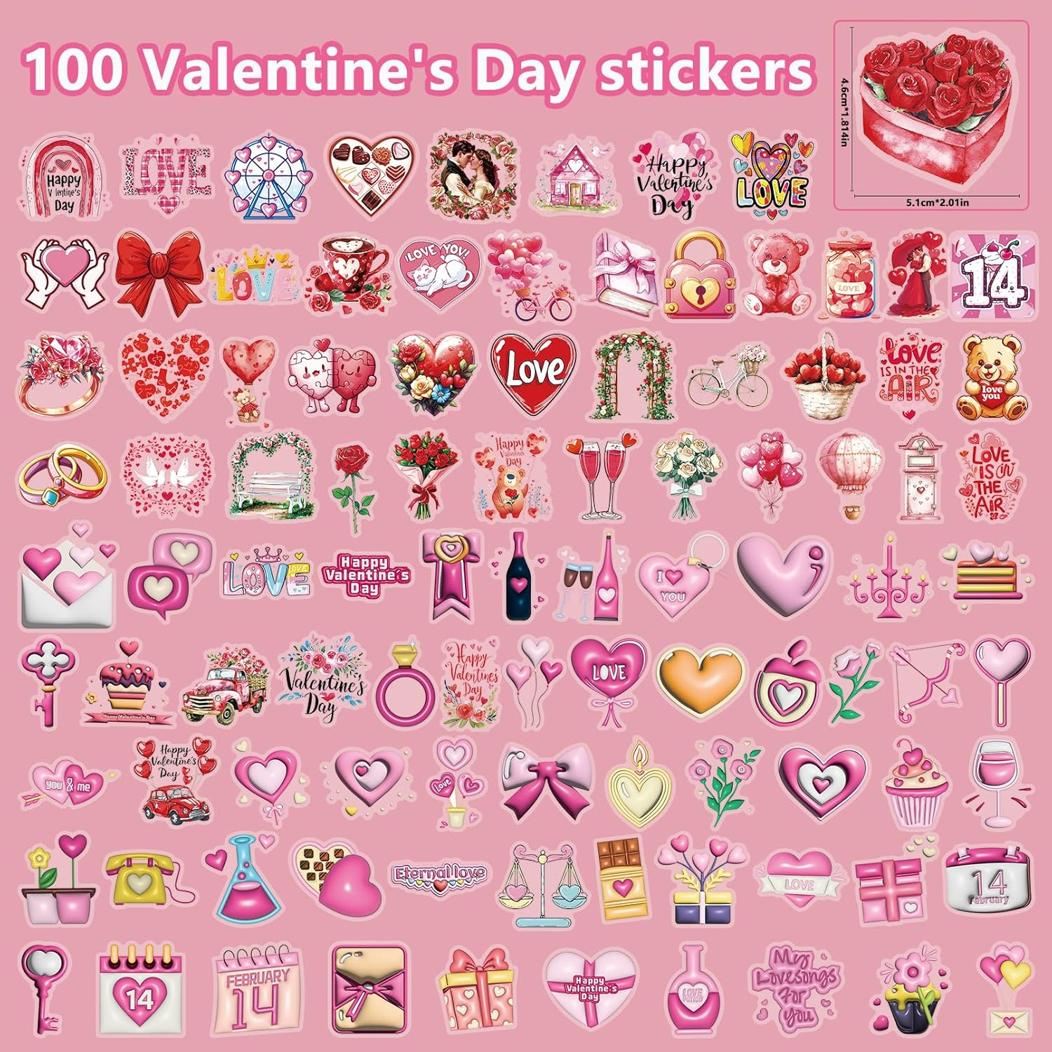 100PCS Valentine'S Day Stickers, Non-Repeating Vinyl Waterproof Romantic Stickers for Laptops, Water Bottles, Scooters, Valentine'S Day Wall, Window Decorations - Image 2