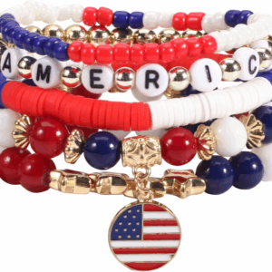 4Th of July Bracelets for Women Girls America Flag Bracelets USA Red White and Blue Patriotic Stretchy Stackable Beaded Heishi Bracelet Gifts Independence Day Jewelry