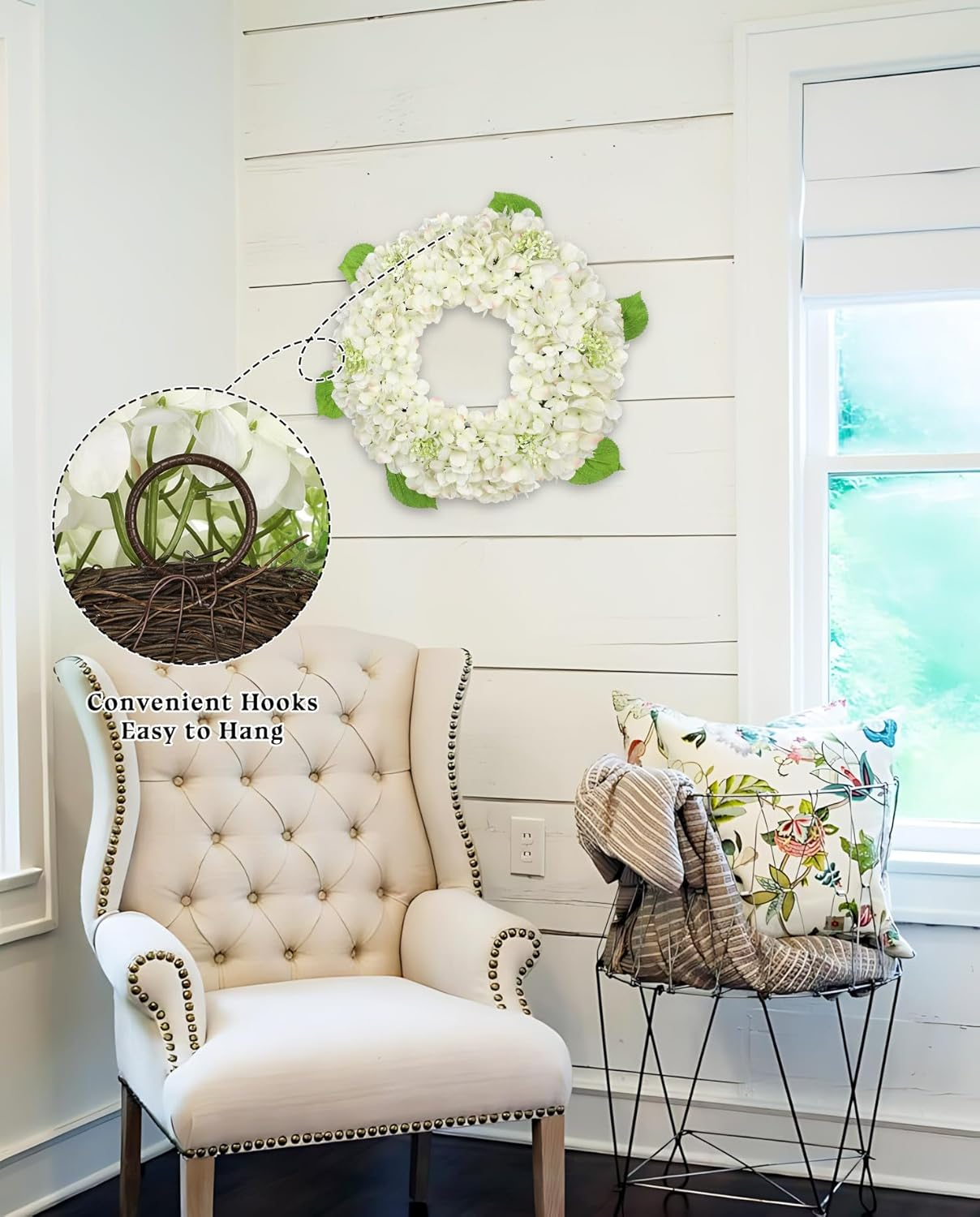 20 Inch Spring Summer Wreath for Front Door, Artificial White Hydrangea Flower Door Wreath Hydrangea Decor for Farmhouse All Year Indoor Outdoor Home Window Wall Front Porch - Image 6