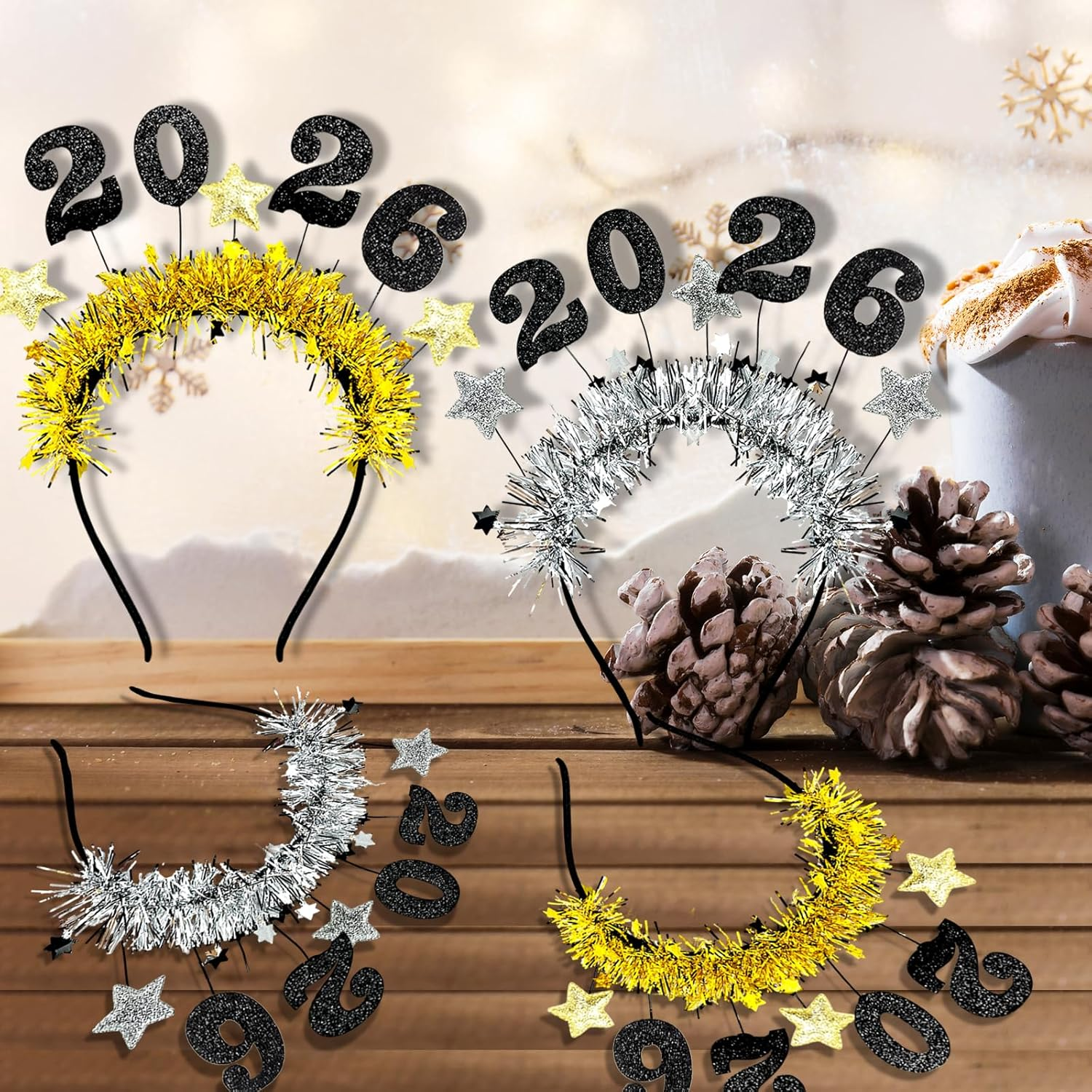 4 Pcs Happy New Year Headbands for Women 2026 New Year Eve Hairbands Party Supplies Holiday Headwear Decoration Gifts (Gold+Silver) - Image 3
