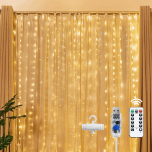 300 LED Fairy Curtain Lights, 9.8Ft X 9.8Ft Warm White Curtain String Lights, USB Plug in 8 Lighting Modes Christmas Decoration, Hanging Lights with Remote for Bedroom Indoor Weddings Dorm