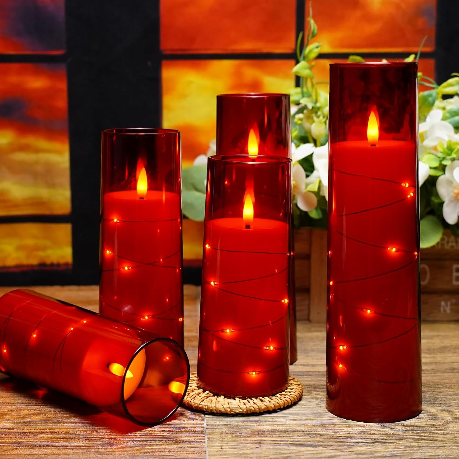 Flameless LED Candles with Timer 5 Pc Flickering Flameless Candles for Romantic Ambiance and Home Decoration Stable Acrylic Shell,With Embedded Star String,Battery Operated Candles(Red) - Image 3