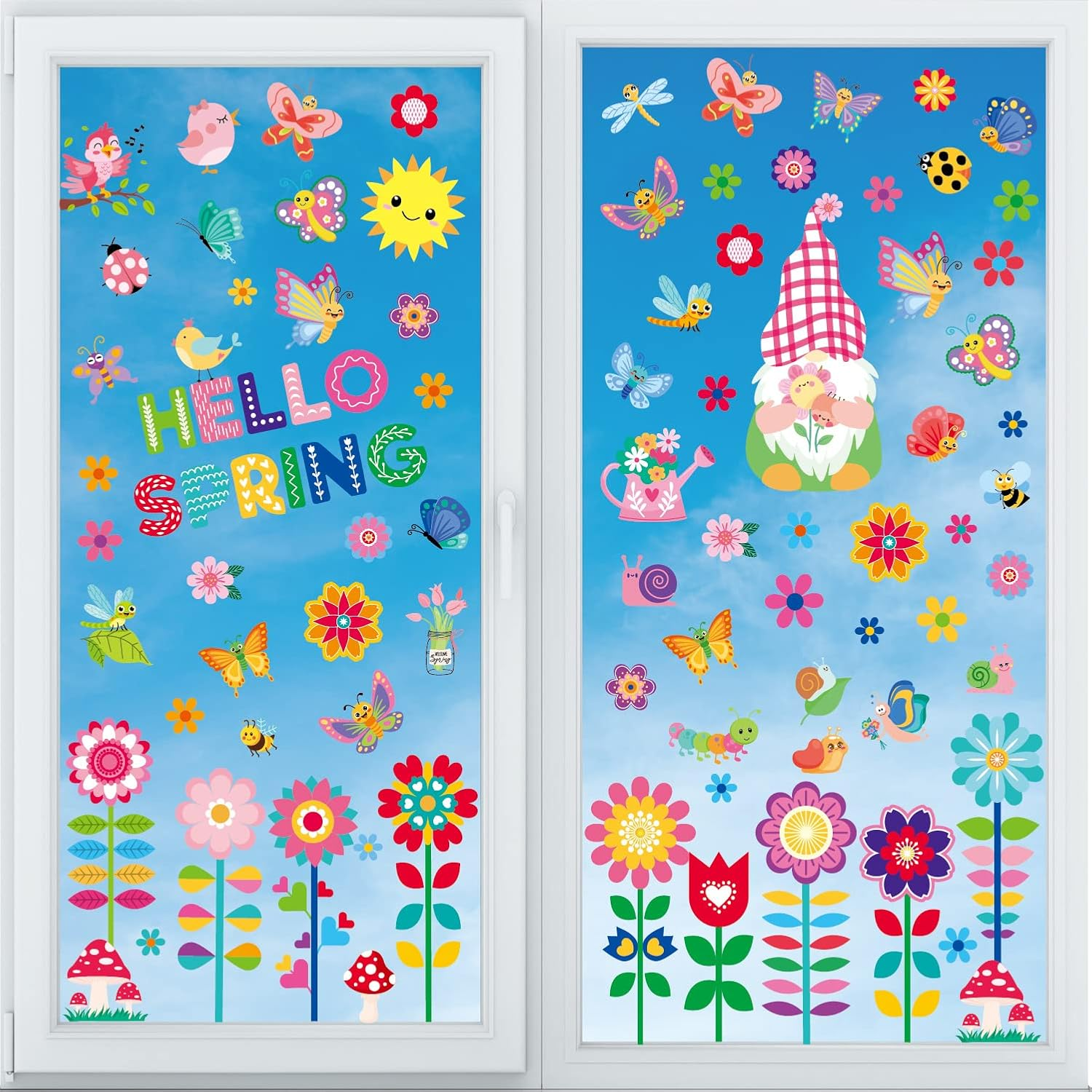Spring Window Clings - 9 Sheets 112 Pcs Hello Spring Window Clings Colorful Flower Gnome Windows Decal Stickers Decor for Glass Windows Classroom Home Office - Image 4
