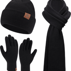 Mens Winter Warm Beanie Hats Long Scarf Neck Touchscreen Gloves Set Ribbed Knit Skull Caps Scarves Gloves for Women Man