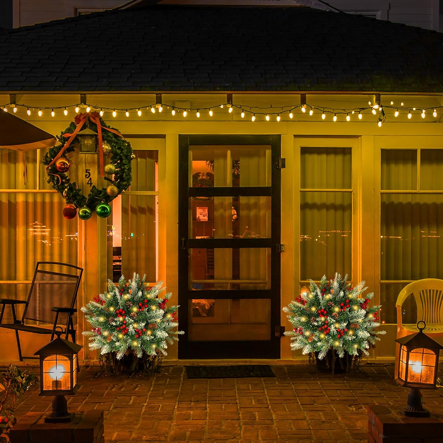 2 Pack Lighted Artificial Christmas Urn Filler, Battery Operated Pre-Lit Xmas Pine Trees, Tripod Stake and 60 LED Lights, Holiday Porch Decorations for Porch, Yard, Garden, Flower Beds(Warm White) - Image 6