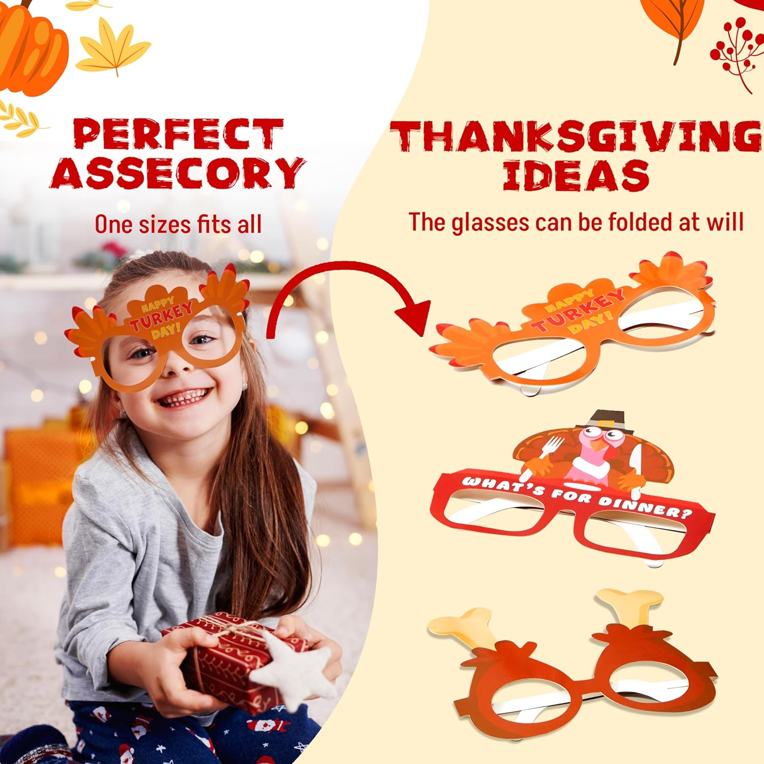 24 Pcs Thanksgiving Turkey Eyeglasses, Turkey Eyewear Frame Pumpkin Maple Leaves Photo Props for Kids Thanksgiving Harvest Party Decoration and Accessories (One Size Fits All) - Image 4