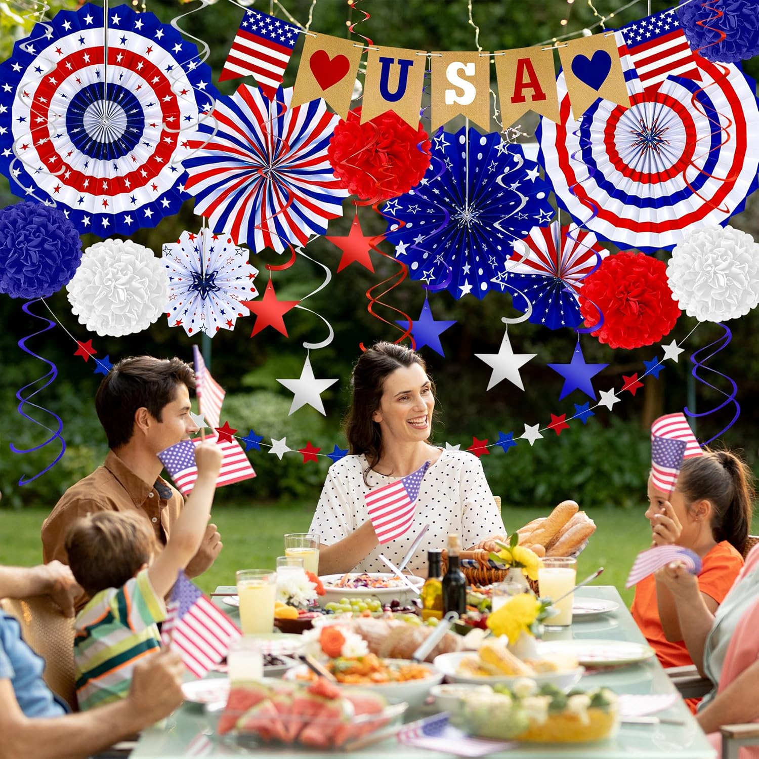 26 PCS 4Th of July Decorations, Red White Blue Paper Fans in Patriotic Designs, 4Th of July Banner Pompom Star Garland and Hanging Swirls Set for Fourth of July Independence Day Party Supplies Decor - Image 5