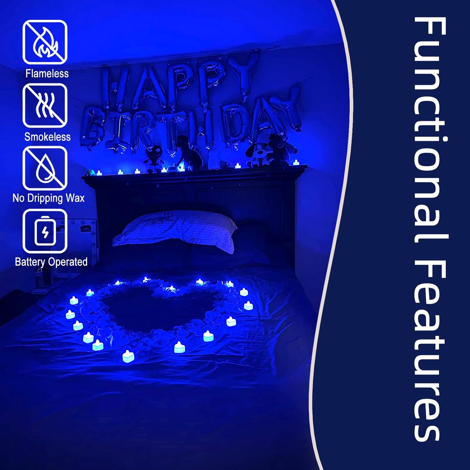 2000PCS Silk Rose Petals with 24 LED Tea Lights Candles, Romantic Night Decoration Set, Romantic Valentine, Wedding Anniversary, Send Her and Him Memories (Blue) - Image 3