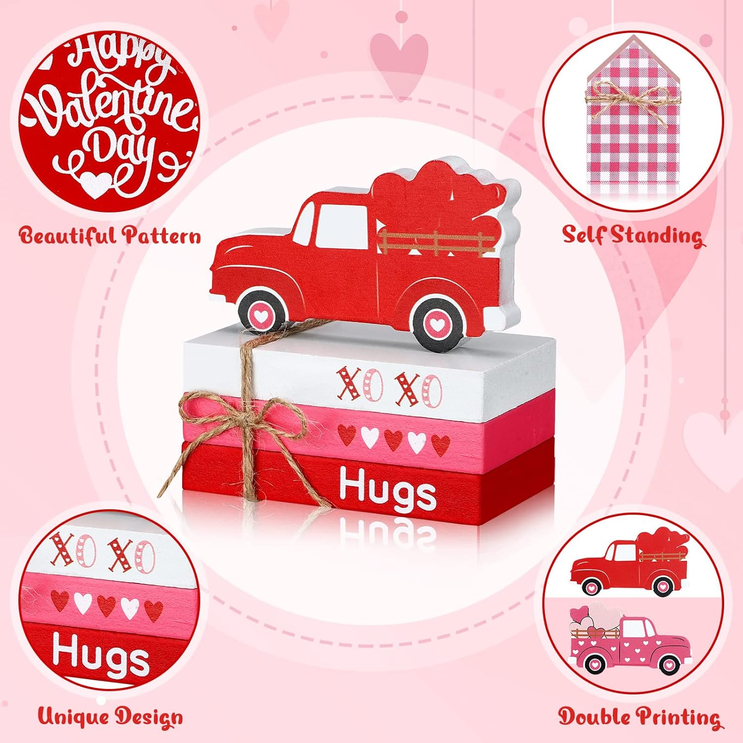 5-Piece Valentine'S Day Tiered Tray Decorations - 3 Faux Books Bundle with Twine, Red Truck & Heart Valentine House Sign - Table Decor for Bookshelf - Image 5