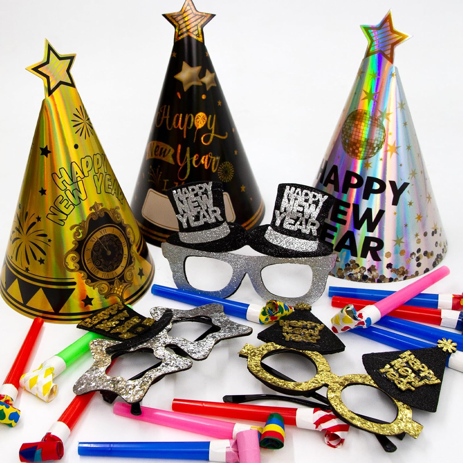 Happy New Years Eve Party Supplies 2026 Party Favors 12 Hats 6 Felt Plastic Frame Glitter Glasses 12 Blowouts New Year Decorations NYE Party Favors Squawkers Noisemakers - Image 8