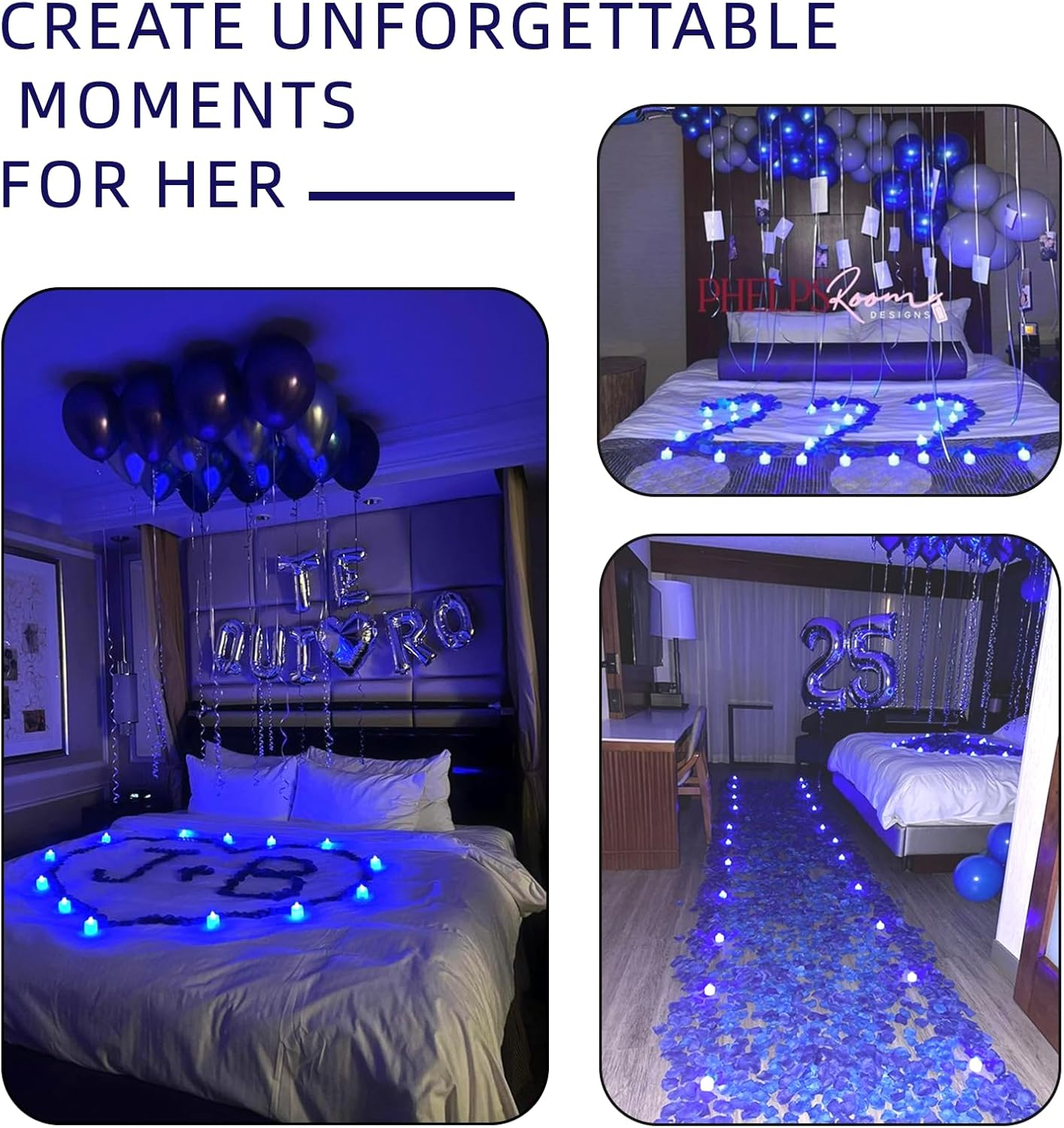 2000PCS Silk Rose Petals with 24 LED Tea Lights Candles, Romantic Night Decoration Set, Romantic Valentine, Wedding Anniversary, Send Her and Him Memories (Blue) - Image 4