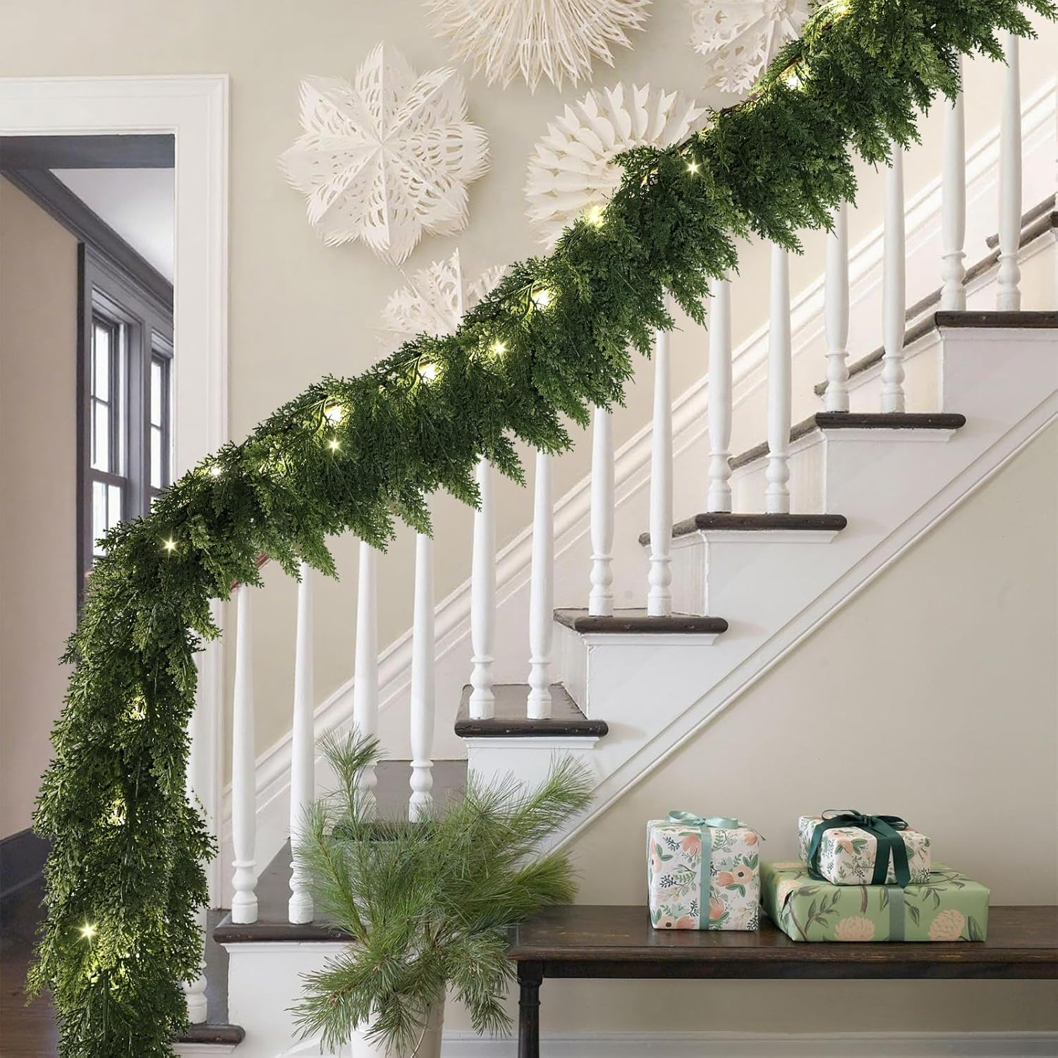 Realistic Christmas Garland with Lights-8 Lighting Modes 6FT Real Touch Lush Artificial Prelit Cedar Garlands for Stairs Railing Fireplace Table Xmas Christmas Decorations Indoor Outdoor Holiday Decor - Image 7